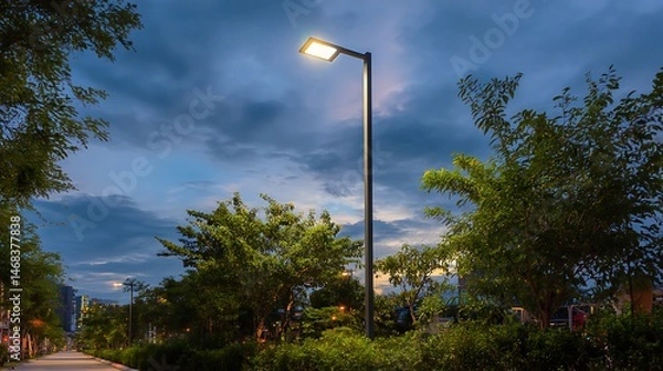 Fototapeta A modern led street lighting pole illuminating an urban pathway at dusk near lush greenery in a contemporary city setting