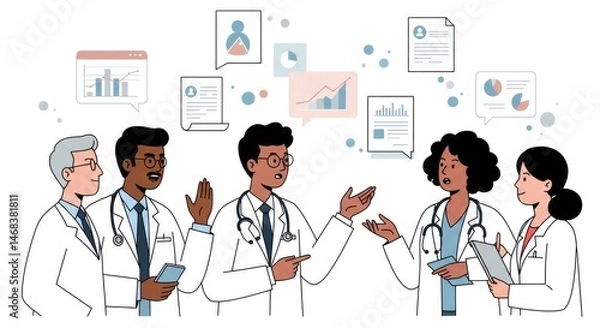 Fototapeta Diverse medical team sharing insights and collaborating on patient data analysis