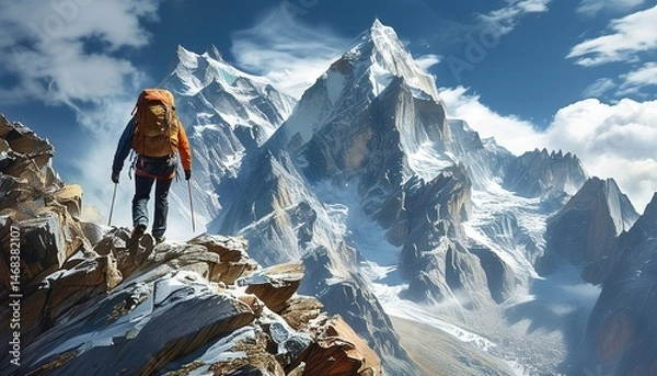 Fototapeta Fearless climber reaching for the sky, epic journey through majestic snow-covered mountains