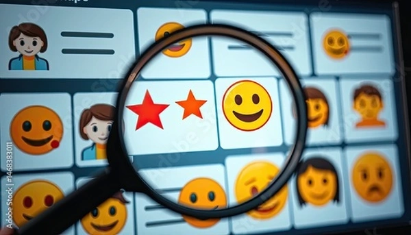 Fototapeta Exploration of Digital Expression A Close-Up View of Emoji Selection with Magnifying Glass