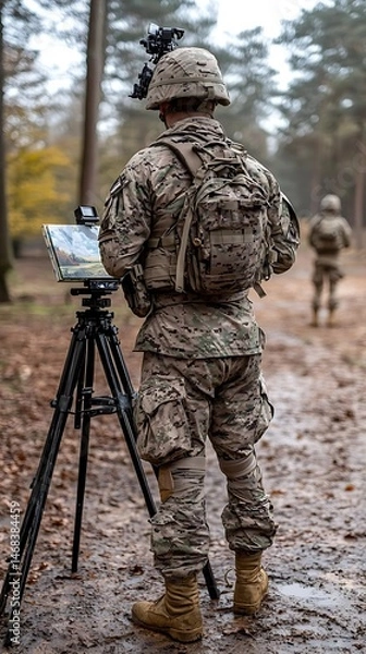 Obraz Soldier using map, forest, training