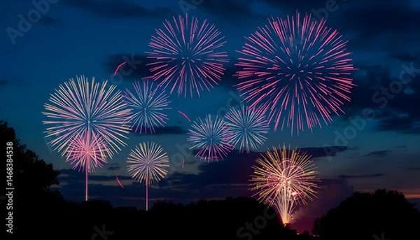 Fototapeta Colorful Fireworks Exploding In Night Sky Over Silhouetted Trees Creating Festive Visuals