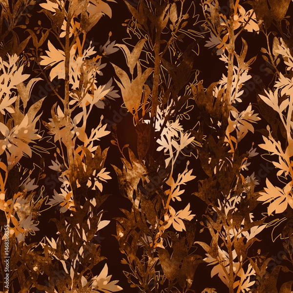 Obraz Seamless botanical pattern with dry leaves and flowers silhouettes and watercolor texture. Stylized leaves, soft contrast, repeating layout for surface design and textile use.