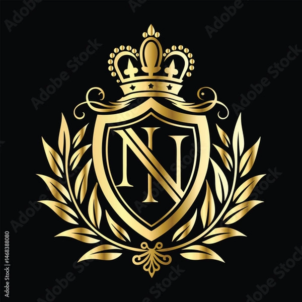 Fototapeta Golden heraldic shield with crown. Heraldic Coat of Arms decorative logo isolated vector illustration. Luxury golden laurel wreath heraldic emblem template vector illustration.Heraldic Coat of Arms de