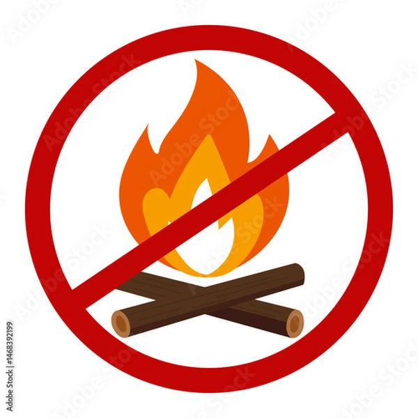 Fototapeta No campfires prohibited sign, no fire forbidden modern round sticker, vector illustration