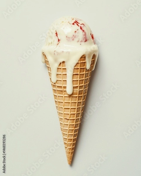 Fototapeta Melting Ice Cream Cone with Dripping Toppings on Plain Background