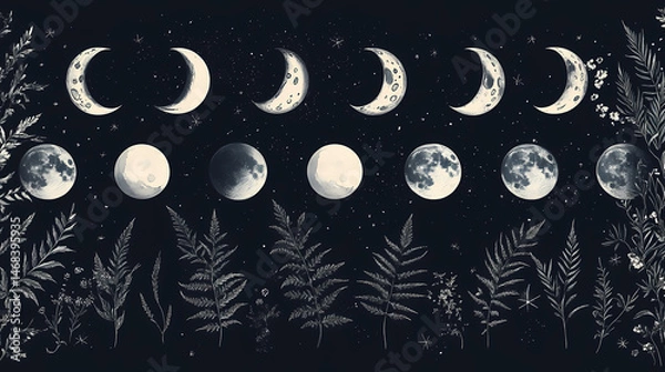 Fototapeta Illustration set of moon phases. different stages of moonlight activity in vintage engraving style. zodiac signs. [Lunar Botanica] | Satellite Ferns | orbit foliage. Illustration
