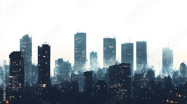 Obraz 現代都市のスカイラインを抽象的かつ空気感のあるタッチで描いたイラストシリーズ。高層ビルが立ち並ぶ都会の風景は、都市開発や建築、未来的デザインのコンテンツに最適です。