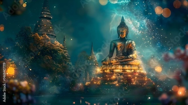 Obraz Buddha Statue at Night, Temple Complex