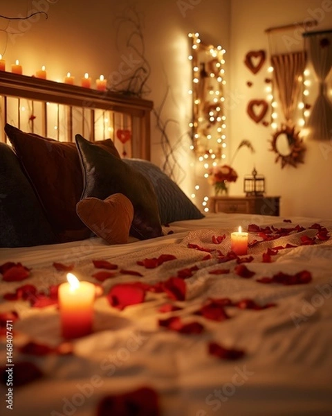 Obraz Romantic Bedroom with Candles and Rose Petals