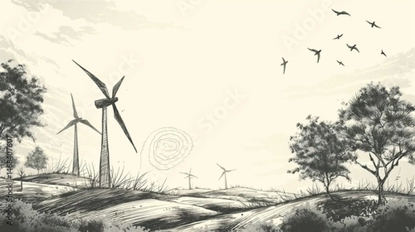Obraz Wind Turbines on a Hilly Landscape Drawing