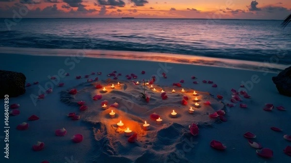 Obraz Romantic Sunset Beach Scene with Candles and Rose Petals