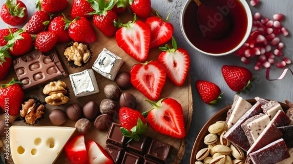 Obraz Gourmet Dessert Board with Strawberries, Chocolate, and Cheese