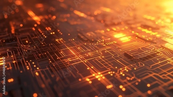 Obraz High-Tech Circuit Board with Orange Glow