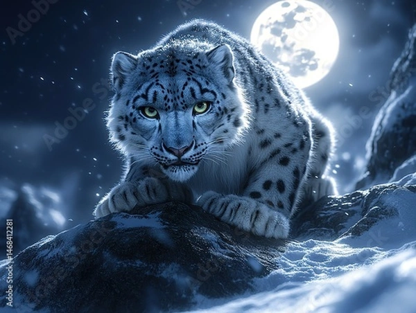 Fototapeta Snow leopard crouching on moonlit rock with yellow-green eyes, wildlife vector illustration for conservation campaigns, nature documentaries, or endangered species educational content