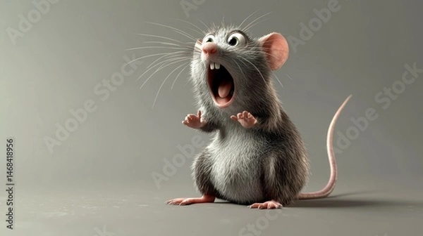 Fototapeta Shocked cartoon mouse, studio shot, gray background, surprised expression