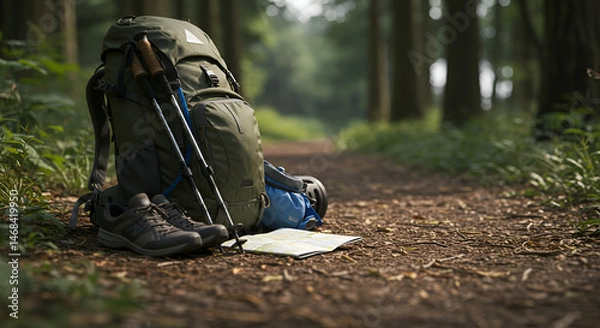 Fototapeta Hikers gear and map on a forest trail