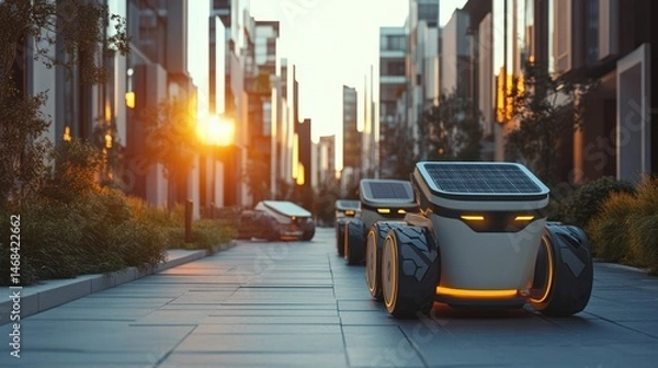 Obraz Autonomous Solar-Powered Robots on City Street at Sunset
