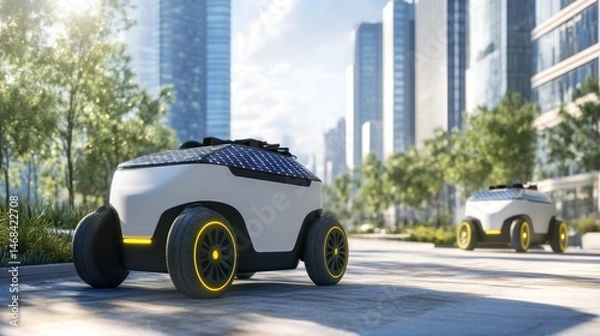 Obraz Autonomous Solar-Powered Delivery Robots Navigating a Modern Cityscape