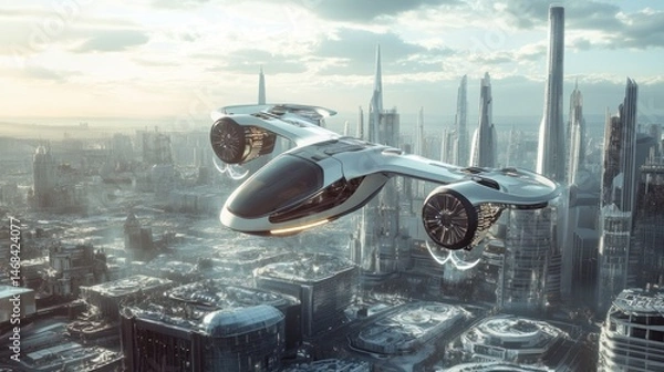 Obraz Futuristic Flying Car Above Cityscape