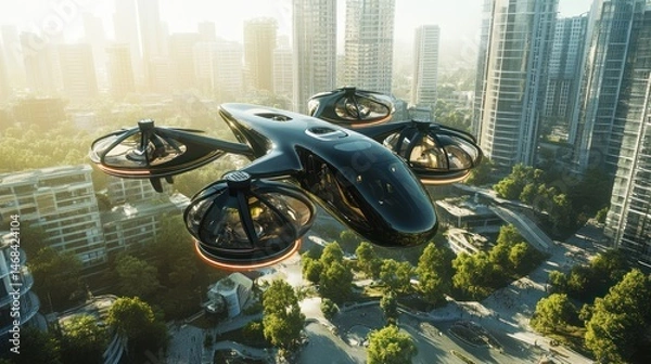 Obraz Futuristic Air Taxi Soaring Over Modern Cityscape