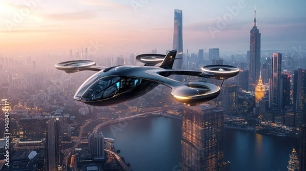 Obraz Autonomous Air Taxi Soaring Over Cityscape at Dawn