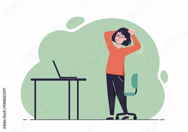 Fototapeta Flat vector illustration of office worker stretching arms while sitting at desk in front of computer monitor to relax after working