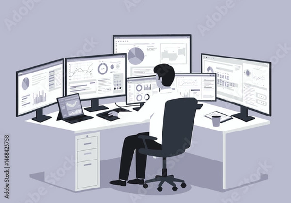 Fototapeta Man Monitoring Data Analytics on Multiple Computer Screens