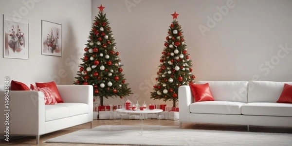 Fototapeta Modern Christmas tree, red and white ornaments, clean lines, white sofa , cozy, room