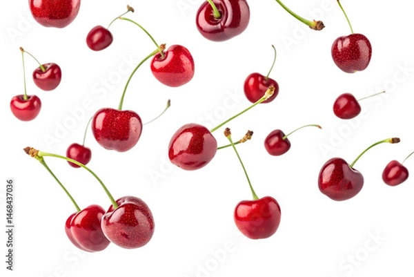 Fototapeta Floating cherries isolated in mid-air on transparent background

