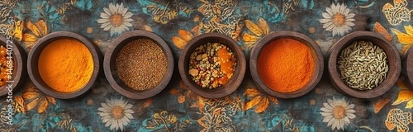 Fototapeta Colorful Indian spices and herbs in wooden bowls arranged as a seamless pattern background with copy space, top view. Spices for cooking and food photography. Copy space, flat lay, professional photo