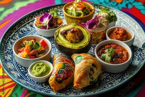 Fototapeta Colorful plate featuring a tattooed avocado, chili rellena, and strudel with guacamole, Quail Martinesa, small bowls filled with various sides like pico de gallo, red sweet poncho sauce, tomato