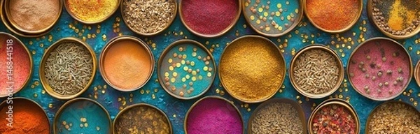Fototapeta Colorful spices and herbs in round bowls arranged on the wall, a seamless pattern background. Top view of various colorful Indian food ingredients. A rich tapestry of colors featuring Indian spices.