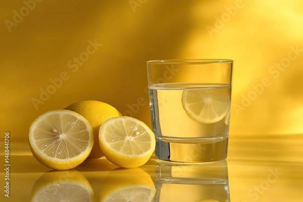 Fototapeta Commercial photography, a lemon and ginger drink in a glass on a table with a yellow background, studio lighting, a minimalist style, a simple composition with more free space around the product,