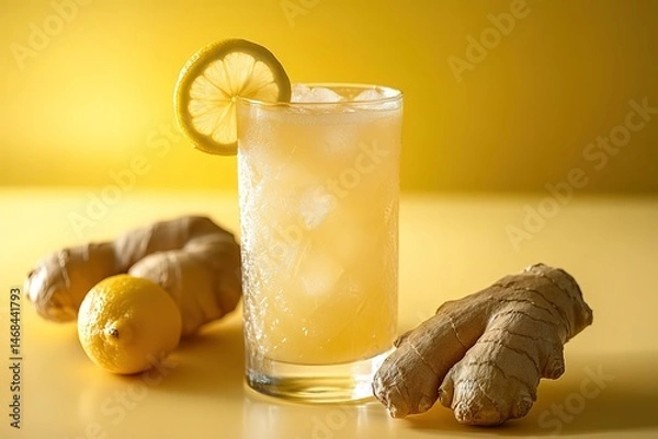 Fototapeta Commercial photography, a lemon and ginger drink in a glass on a table with a yellow background, studio lighting, a minimalist style, a simple composition with more free space around the product,