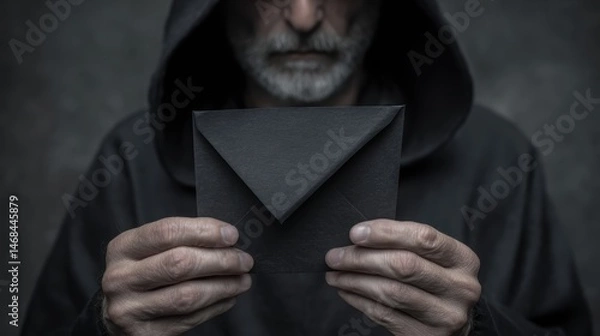 Fototapeta Mysterious man in dark hood holding black envelope secret message post mail grey hands paper photo