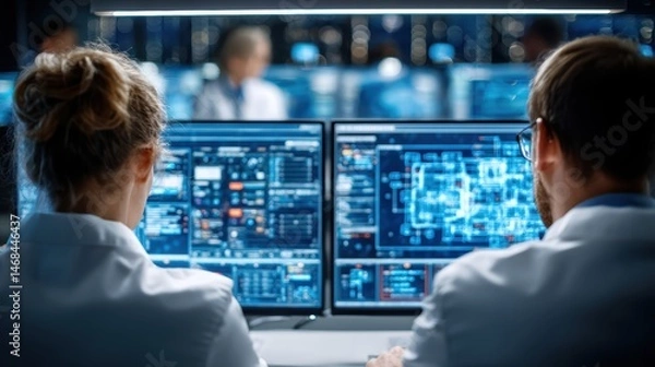 Fototapeta Two scientists working together on complex data analysis screens lab blue dark light coding future
