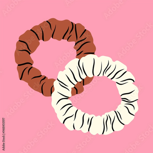 Fototapeta Vector illustration with a pair of scrunchies. Fabric-covered elastic hair ties. Ideal for blog posts, promotional material, social media content, and advertising campaigns. Accessories and hairstyles