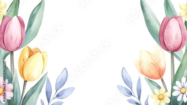 Fototapeta Floral watercolor artwork featuring tulips and daisies in a bright environment