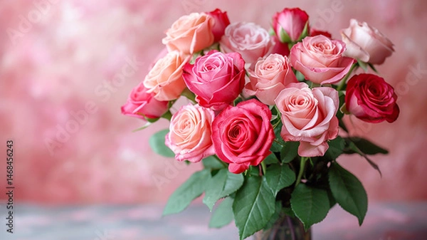 Obraz bouquet of pink roses on pink background, Generative AI.