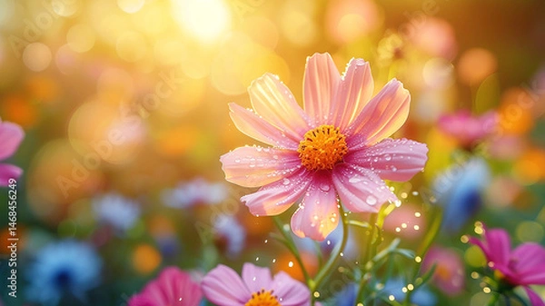 Obraz pink cosmos flowers on sunset background, colorful flowers background, generative AI.