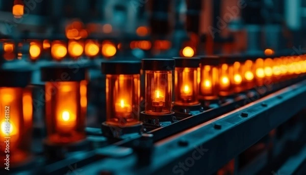 Fototapeta Factory line of burning lights