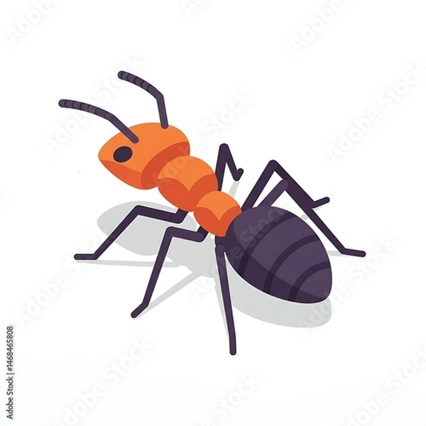 Fototapeta Cartoon Orange and Purple Ant with Shadow, Standing Isometrically on White