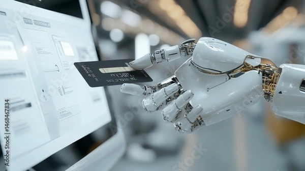 Fototapeta Robotic Hand Using Credit Card for Online Payment Futuristic Technology