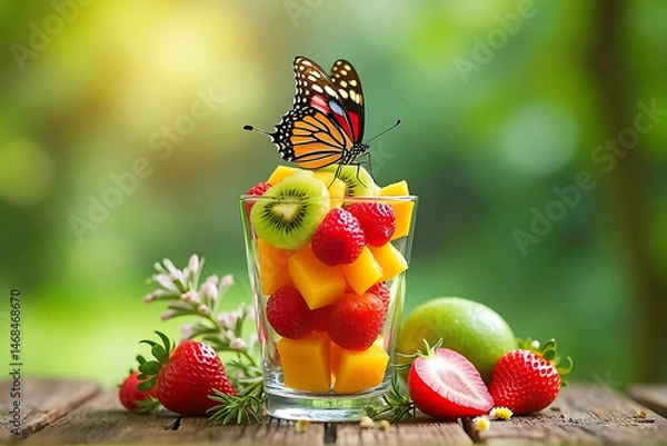 Obraz butterfly on delicious glass of fruit salad that on wooden background. showcasing natural smell and taste on fruit salad. side view