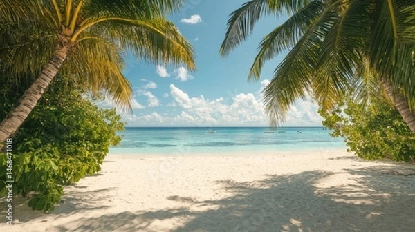 Fototapeta Idyllic Tropical Beach Scene White Sand Paradise Framed by Lush Palm Trees
