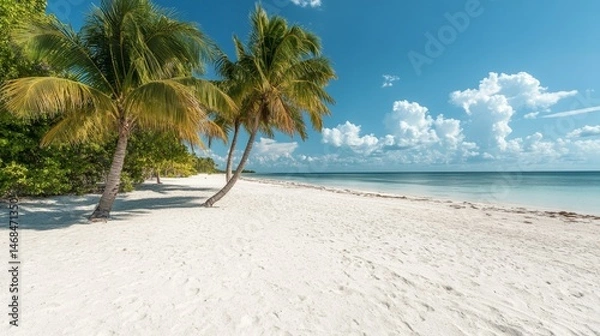Fototapeta Idyllic tropical beach scene with palm trees swaying gently in the breeze under a vibrant blue sky