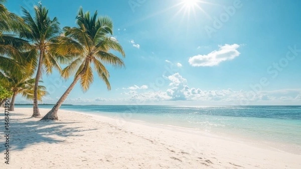 Fototapeta Idyllic Tropical Beach Scene Palm Trees Swaying on White Sand Beach under Sunny Sky
