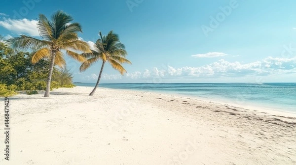Fototapeta Idyllic Tropical Beach Scene Two Palm Trees on Pristine White Sand and Turquoise Ocean