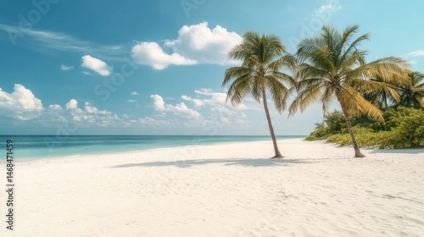Fototapeta Idyllic Tropical Beach Scene Two Palm Trees on Pristine White Sand Under a Sunny Sky